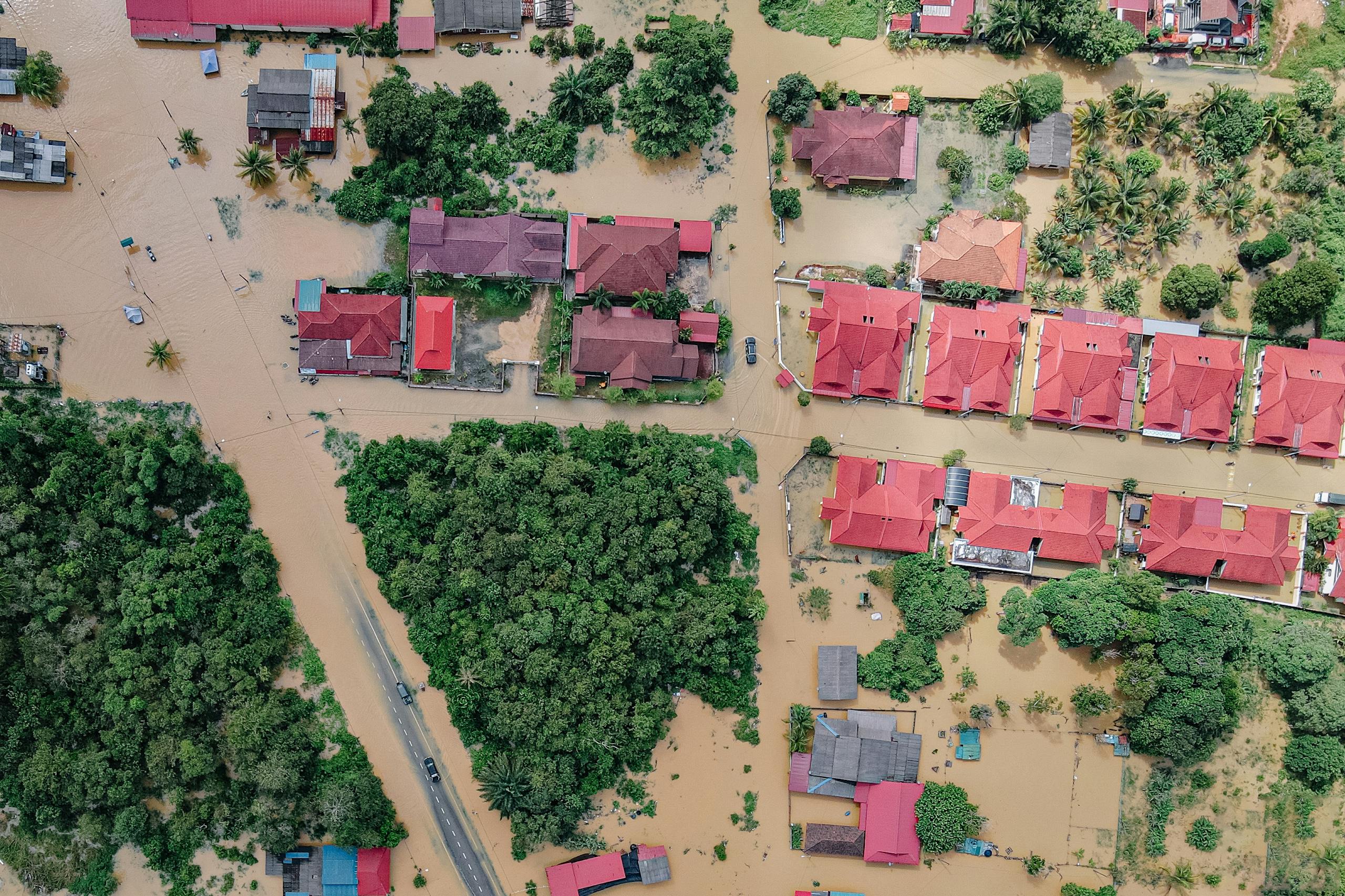 Overhead view of colorful roofs of residential buildings and lush green trees in flooded small village